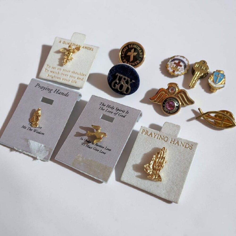Vintage Religious Lapel Pin Lot Praying Hands Guardian Angel Cross Christian Pin - Picture 2 of 5